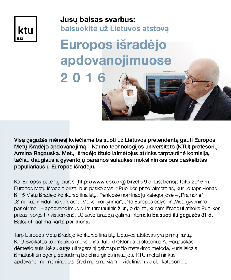 Balsuokime už Lietuvos mokslininką Europos išradėjo apdovanojimuose 2016